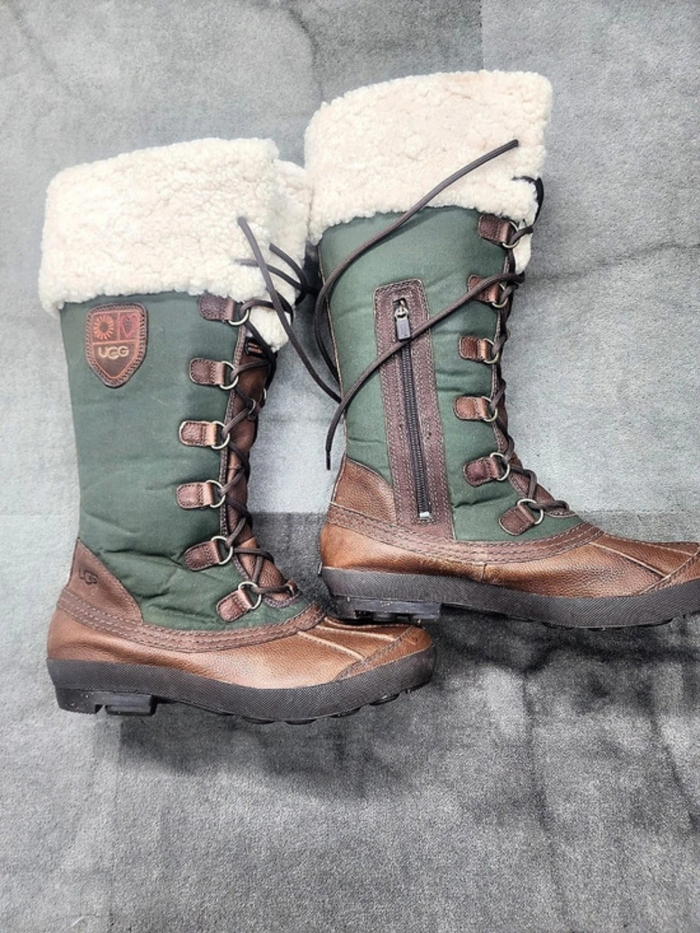 UGG Australia Edmonton Lace Rain Boot in an olive green and brown colorway